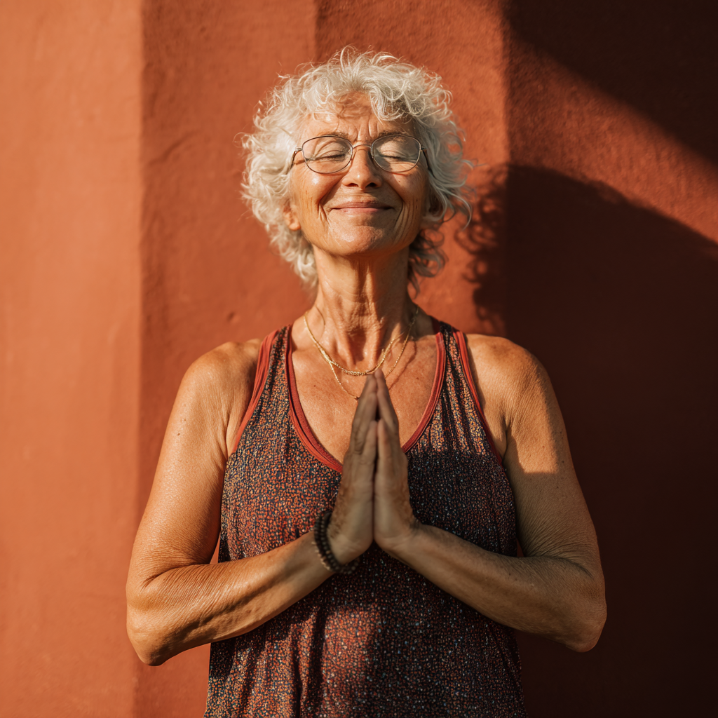 Peaceful elderly woman practicing lunar yoga meditation outdoors under moonlight, serene expression, flowing movements
