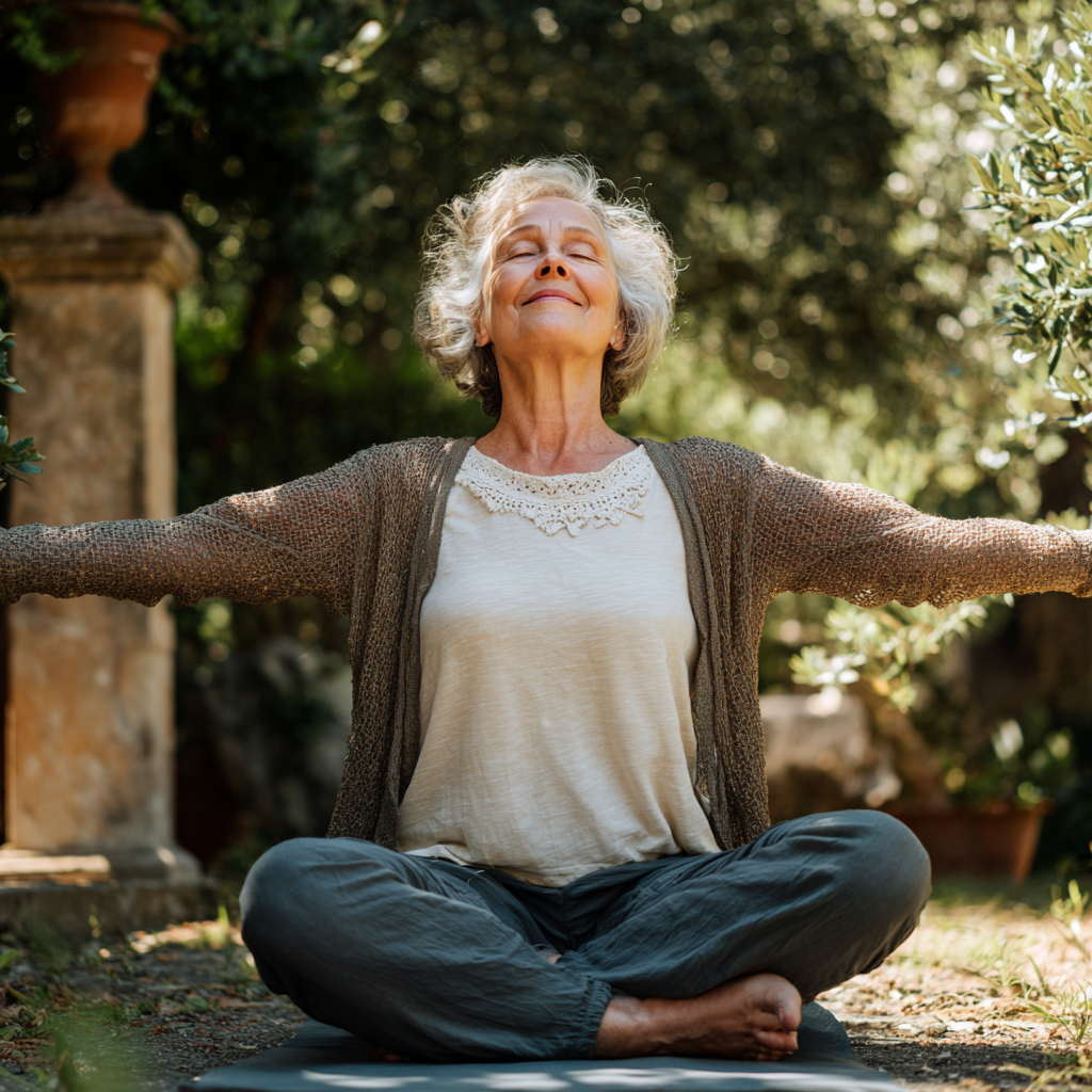 Group of elderly women practicing gentle yoga poses in a sunlit studio, focused expressions, strengthening poses