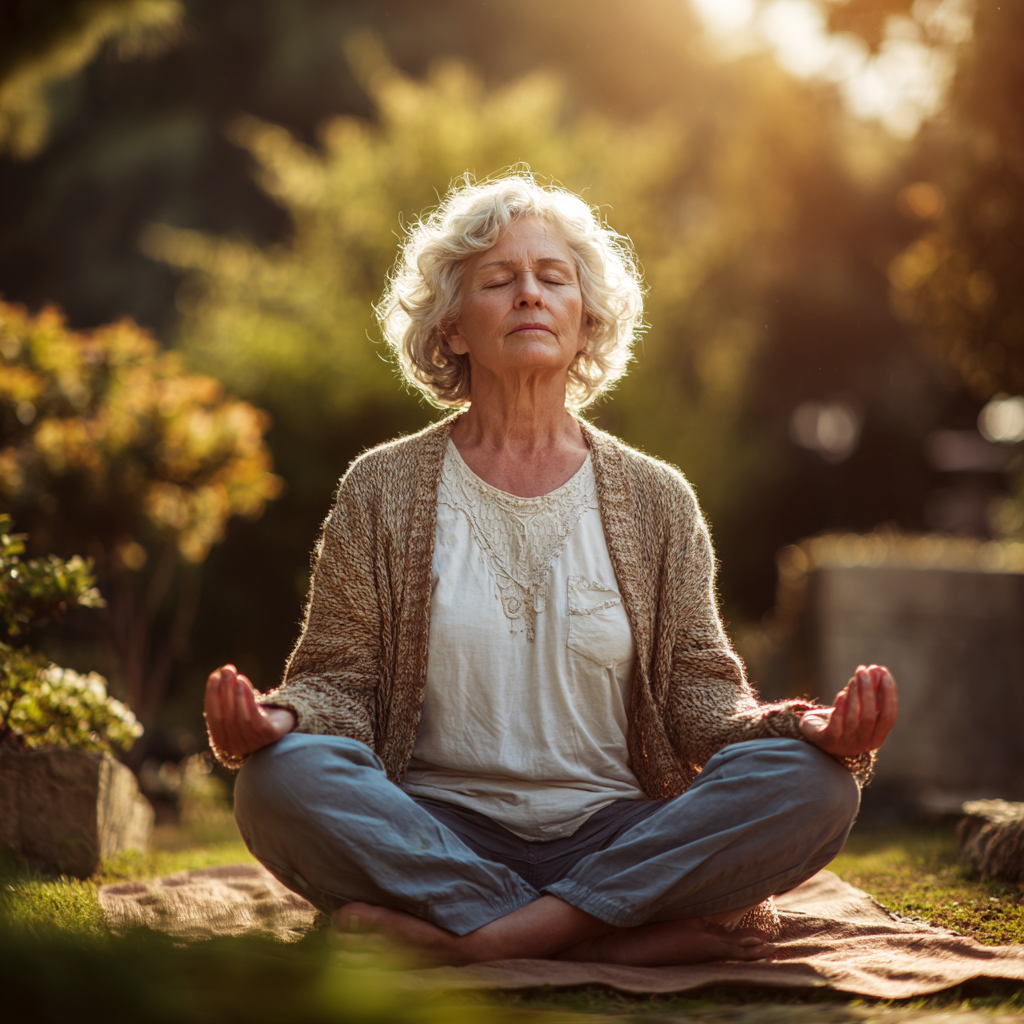Elderly woman in comfortable sleepwear preparing for bedtime meditation, peaceful bedroom setting, relaxation